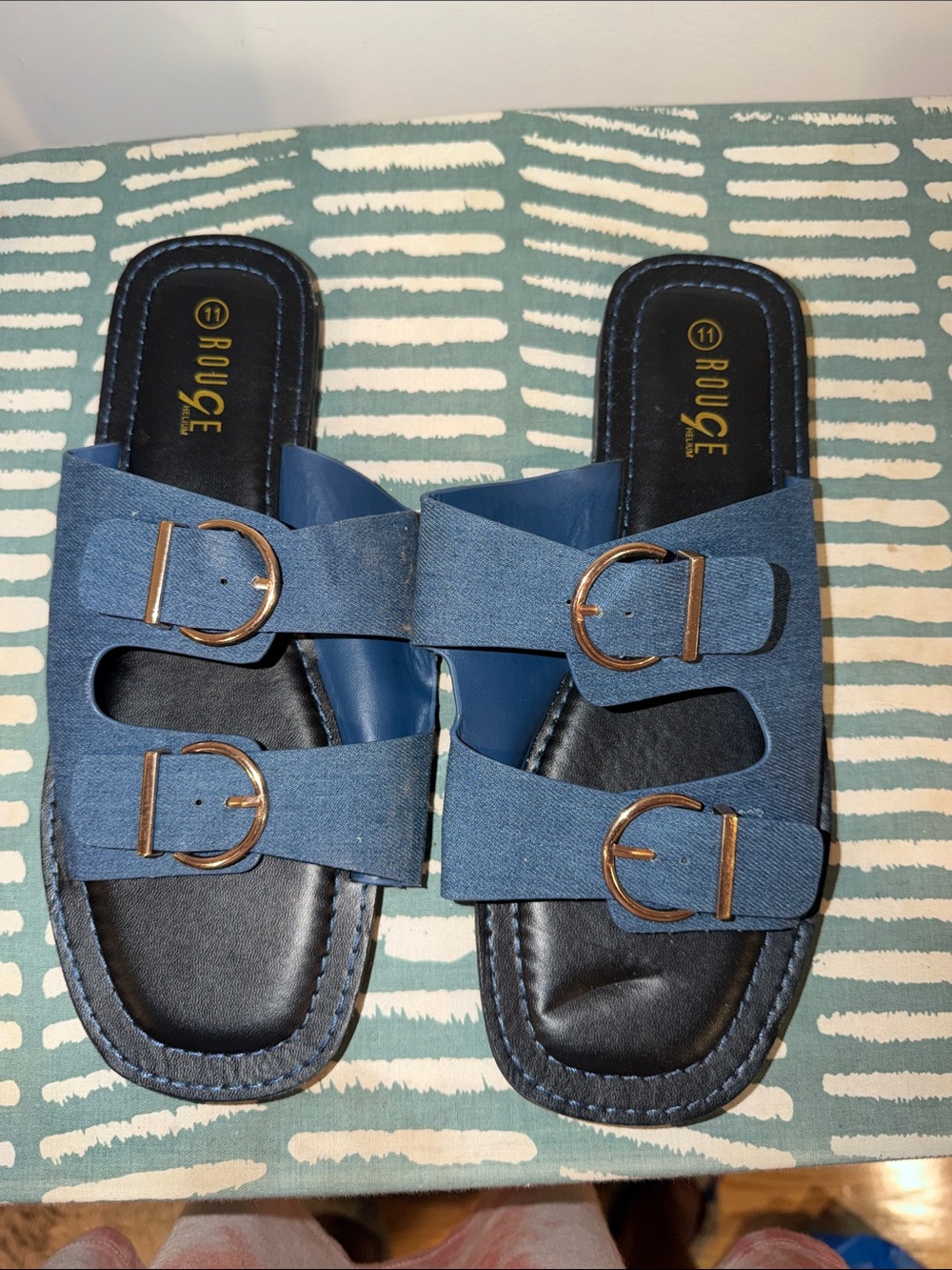 Rouge Helium Blue Double-Buckle Kids Slide Sandals with Gold Buckles
